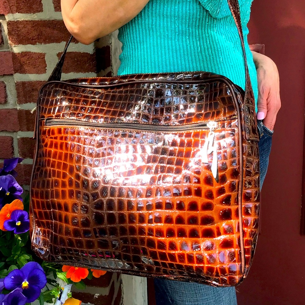 MADE IN ITALY.crocodile style satchel bag.Deep beautiful brown.